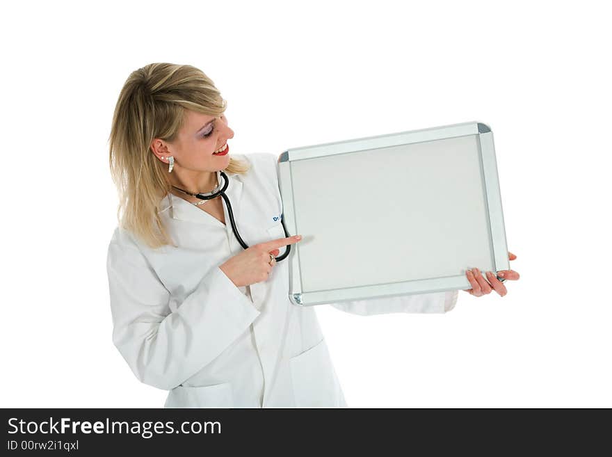 Young doctor with stethoscope on white background