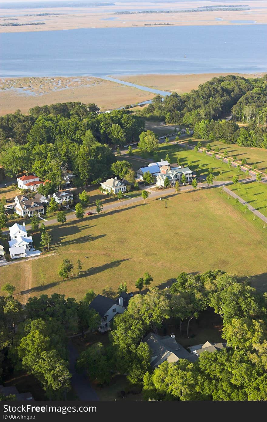 Aerial view of expensive homes along coast