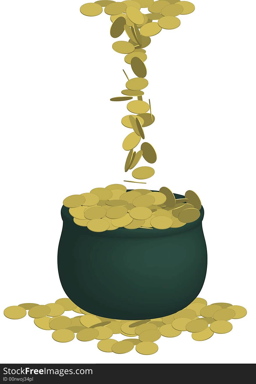 Illustration of green pot of gold coins on white background. Illustration of green pot of gold coins on white background