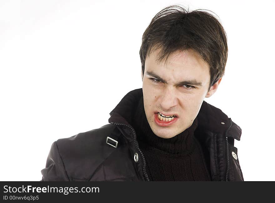 Shouting aggressive the man on a white background