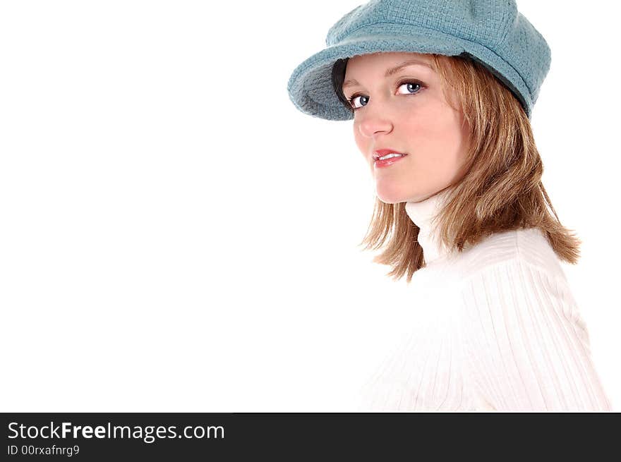 Blond woman with a cute hat on a white background. Blond woman with a cute hat on a white background