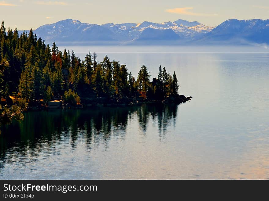 Foggy Lake Tahoe with clouds over it. Foggy Lake Tahoe with clouds over it