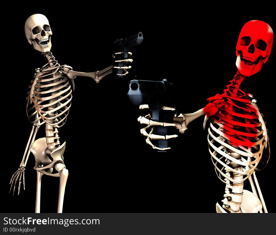 An image of some skeletons with some  firearms, a possible interesting conceptual modern version of death. Or a medical image of  Skeletons in action. An image of some skeletons with some  firearms, a possible interesting conceptual modern version of death. Or a medical image of  Skeletons in action.