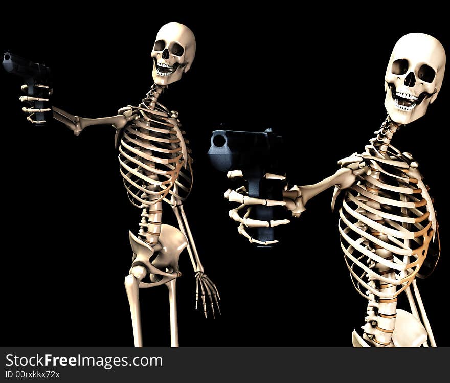 An image of some skeletons with some firearms, a possible interesting conceptual modern version of death. Or a medical image of Skeletons in action. An image of some skeletons with some firearms, a possible interesting conceptual modern version of death. Or a medical image of Skeletons in action.