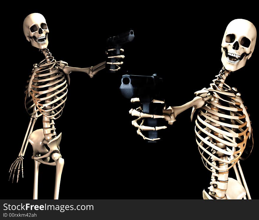 An image of some skeletons with some firearms, a possible interesting conceptual modern version of death. Or a medical image of Skeletons in action. An image of some skeletons with some firearms, a possible interesting conceptual modern version of death. Or a medical image of Skeletons in action.