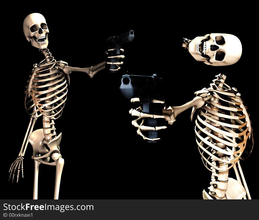 An image of some skeletons with some firearms, a possible interesting conceptual modern version of death. Or a medical image of Skeletons in action. An image of some skeletons with some firearms, a possible interesting conceptual modern version of death. Or a medical image of Skeletons in action.