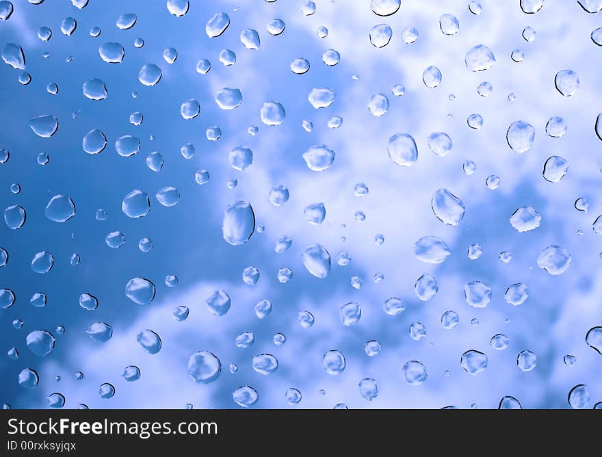 Transparent water droplets reflecting blue sky and puffy white clouds.