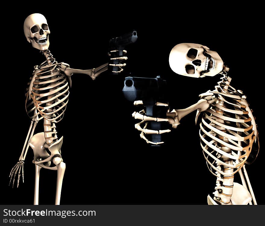 An image of some skeletons with some firearms, a possible interesting conceptual modern version of death. Or a medical image of Skeletons in action. An image of some skeletons with some firearms, a possible interesting conceptual modern version of death. Or a medical image of Skeletons in action.