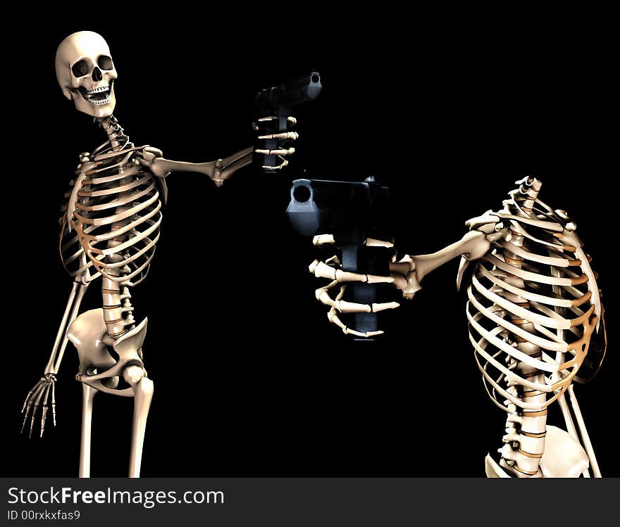 An image of some skeletons with some  firearms, a possible interesting conceptual modern version of death. Or a medical image of  Skeletons in action. An image of some skeletons with some  firearms, a possible interesting conceptual modern version of death. Or a medical image of  Skeletons in action.