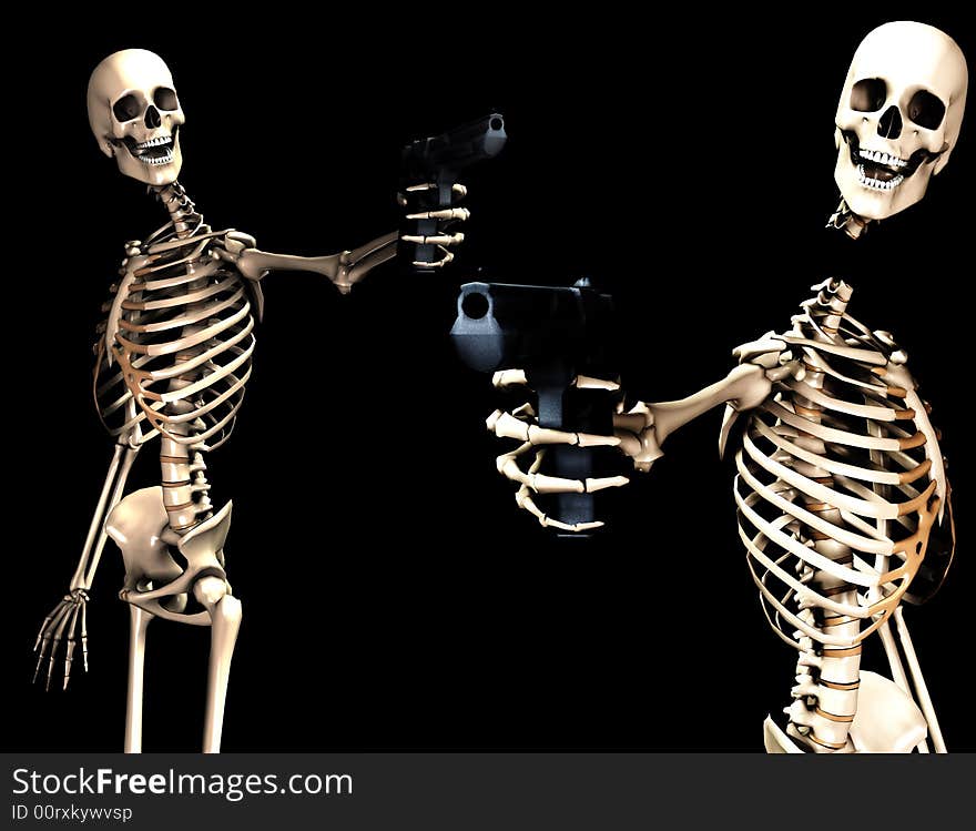 An image of some skeletons with some  firearms, a possible interesting conceptual modern version of death. Or a medical image of  Skeletons in action. An image of some skeletons with some  firearms, a possible interesting conceptual modern version of death. Or a medical image of  Skeletons in action.