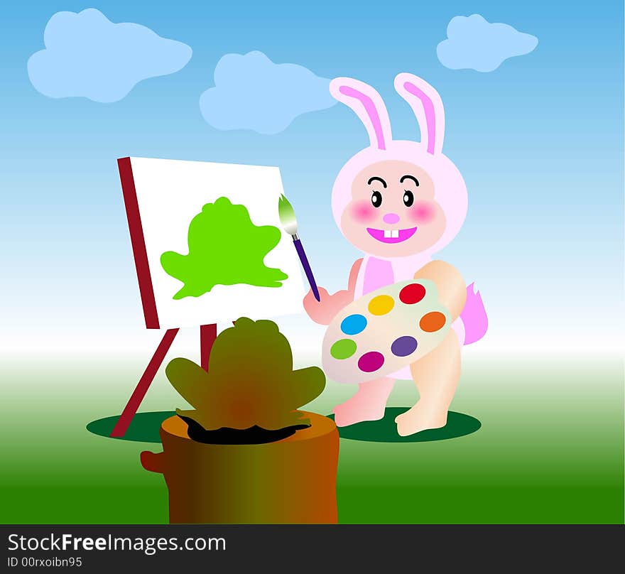 Vector illustration for a baby rabbit drawing a frog