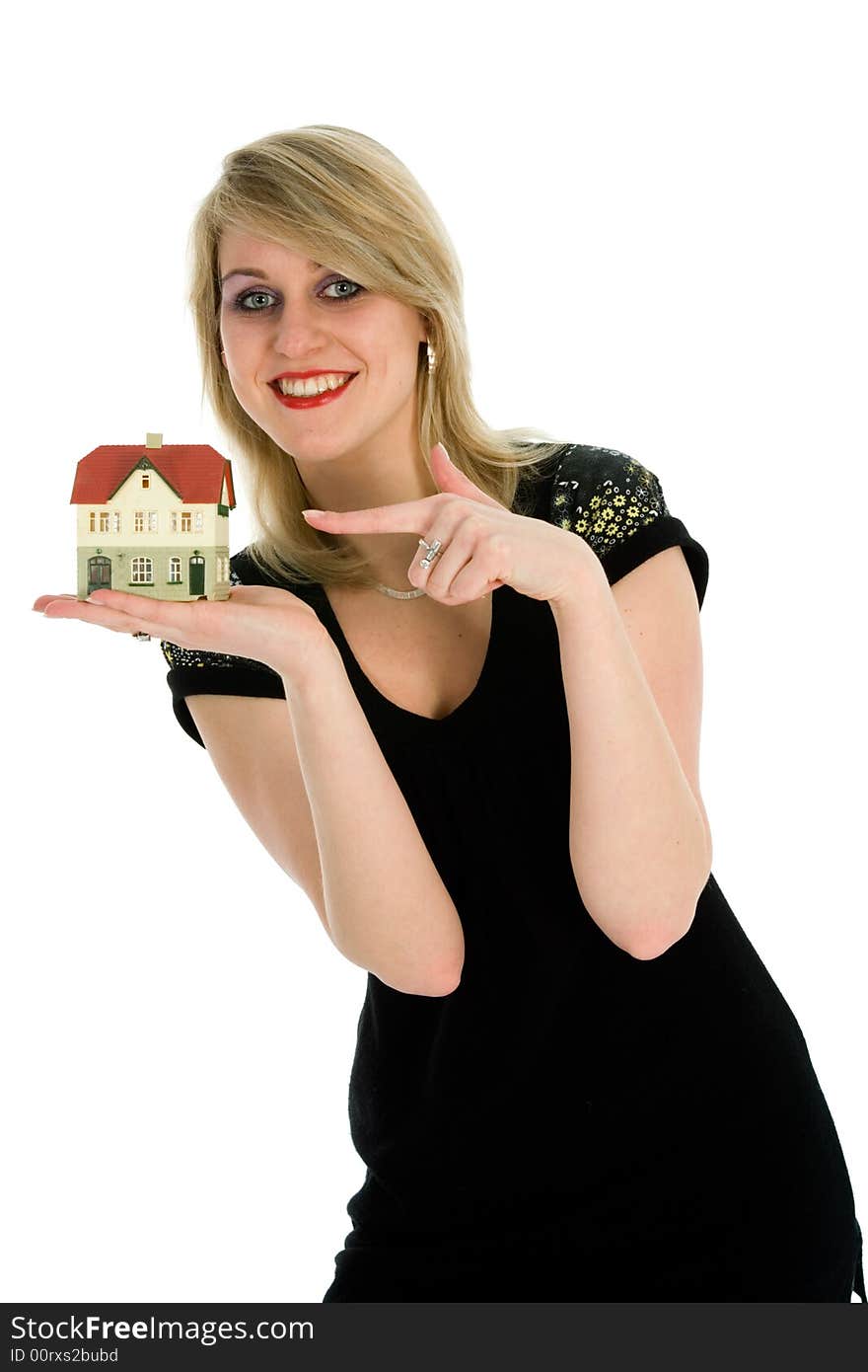 Business woman advertises real estate on white background