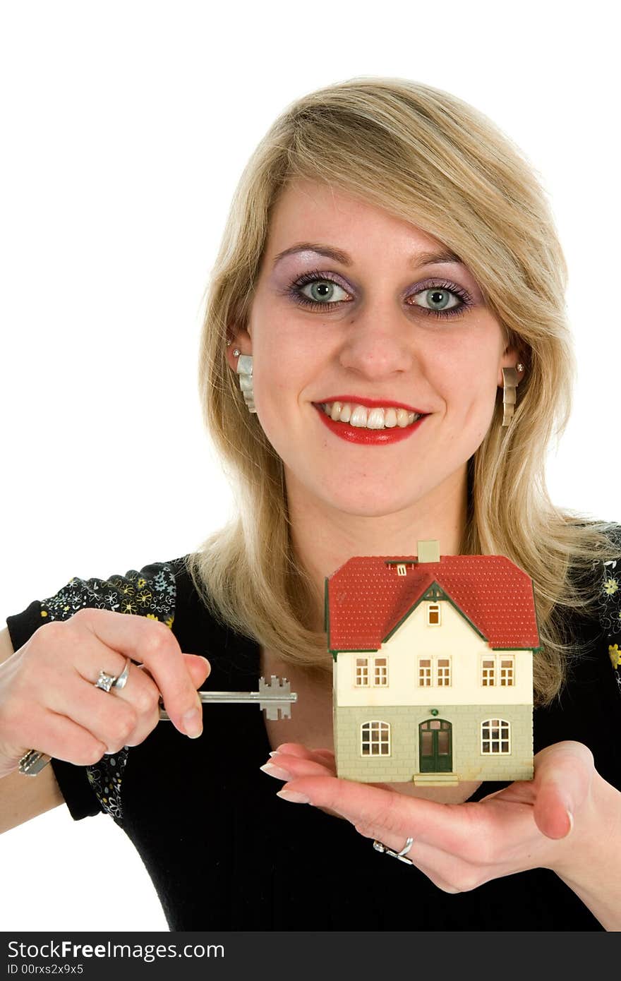 Business woman advertises real estate on white background