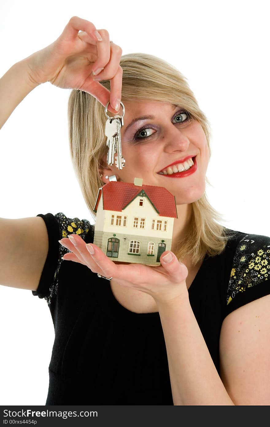 Business woman advertises real estate on white background