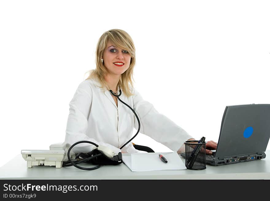 Young doctor with stethoscope on white background