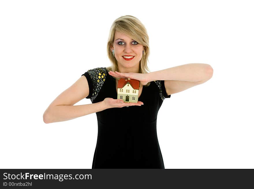 Business woman advertises real estate on white background