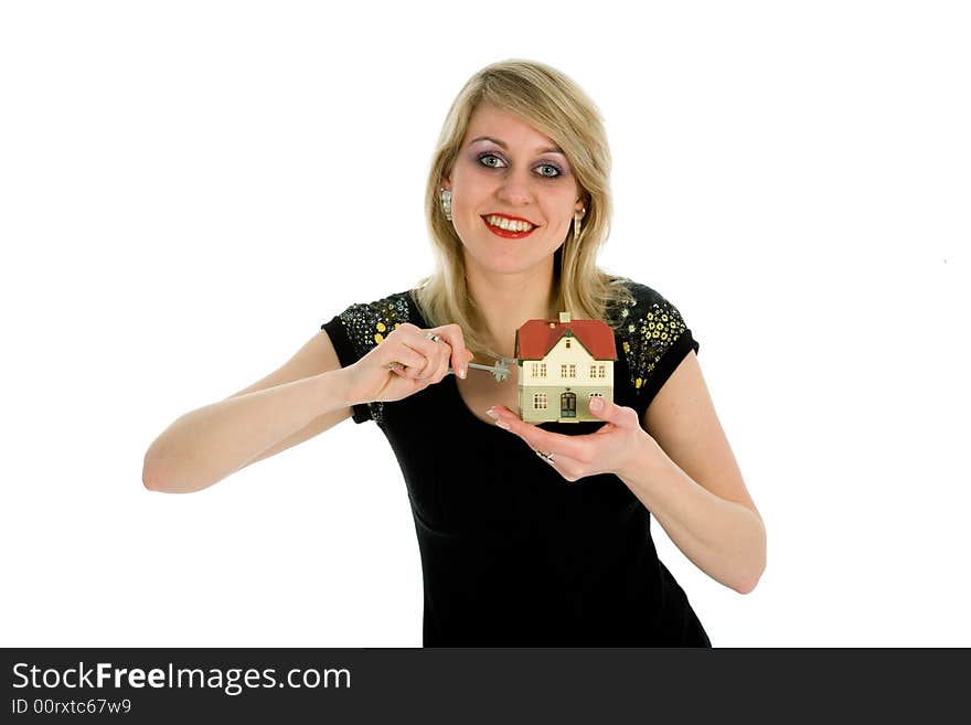 Business woman advertises real estate on white background