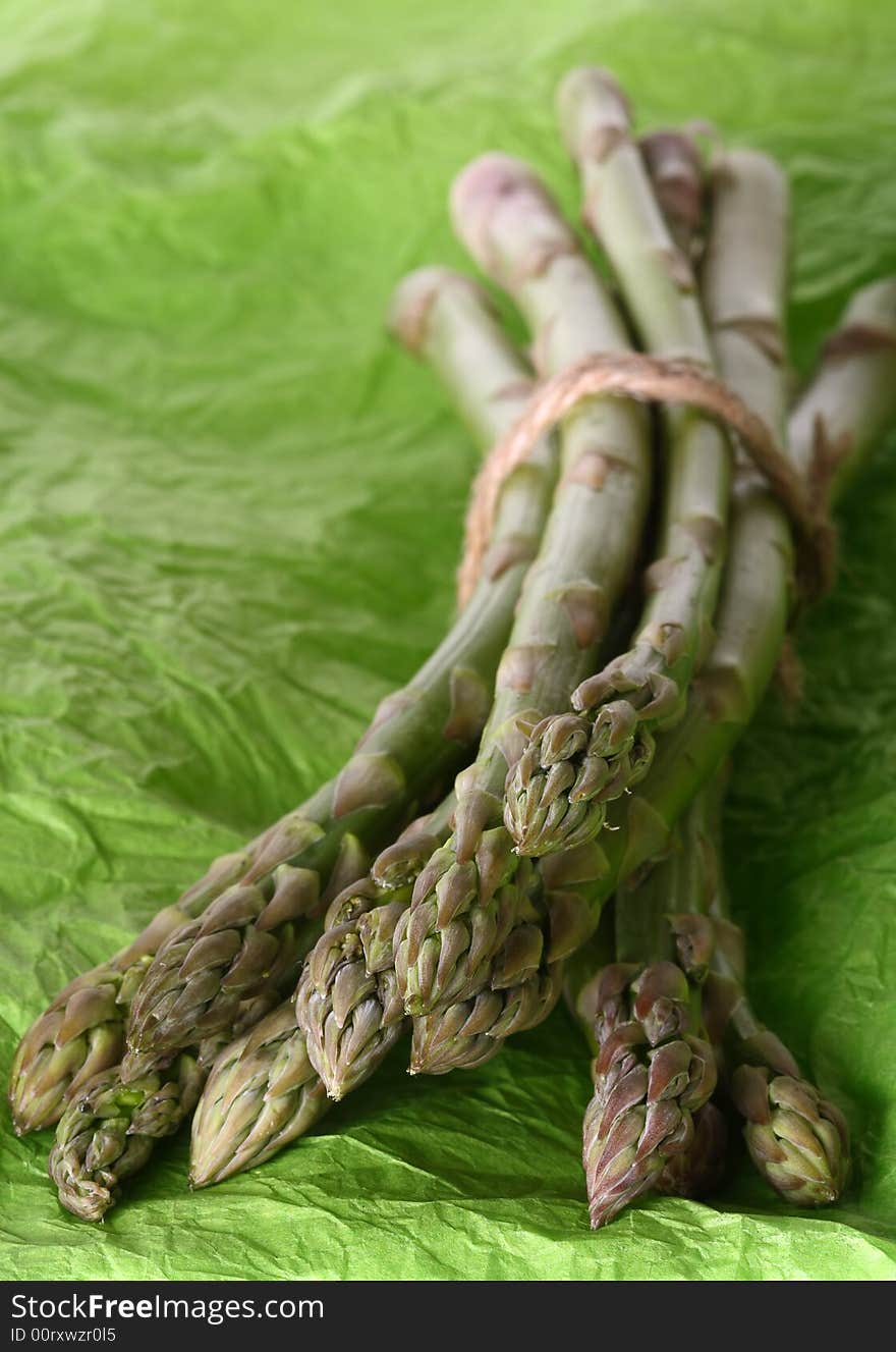 Bundle of asparagus tied together by rope