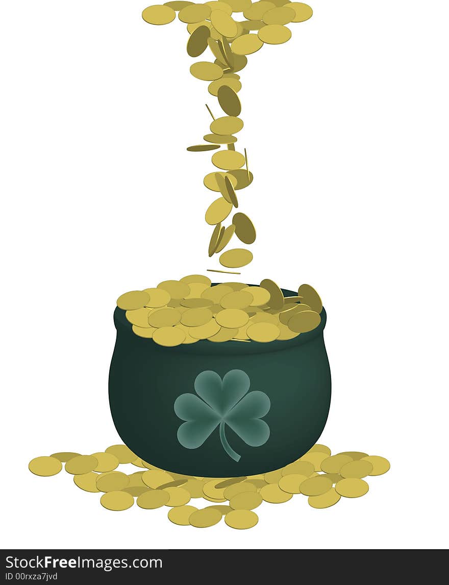 Illustration of green pot of gold coins on white background