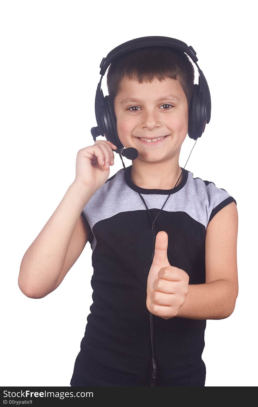 Young boy and headset  isolated on white