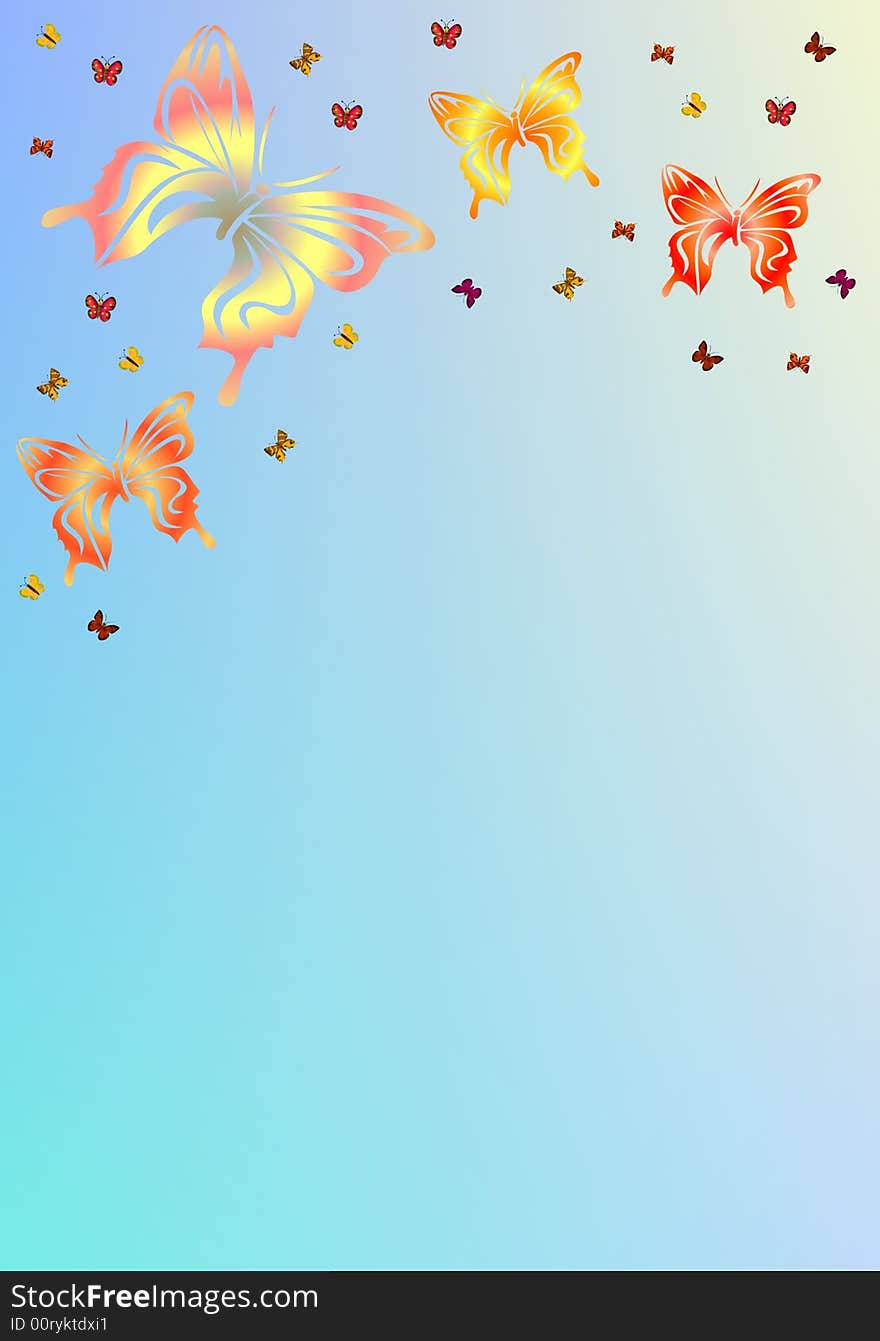 Ornamental orange-red-yellow butterflies on a blue background. Ornamental orange-red-yellow butterflies on a blue background.