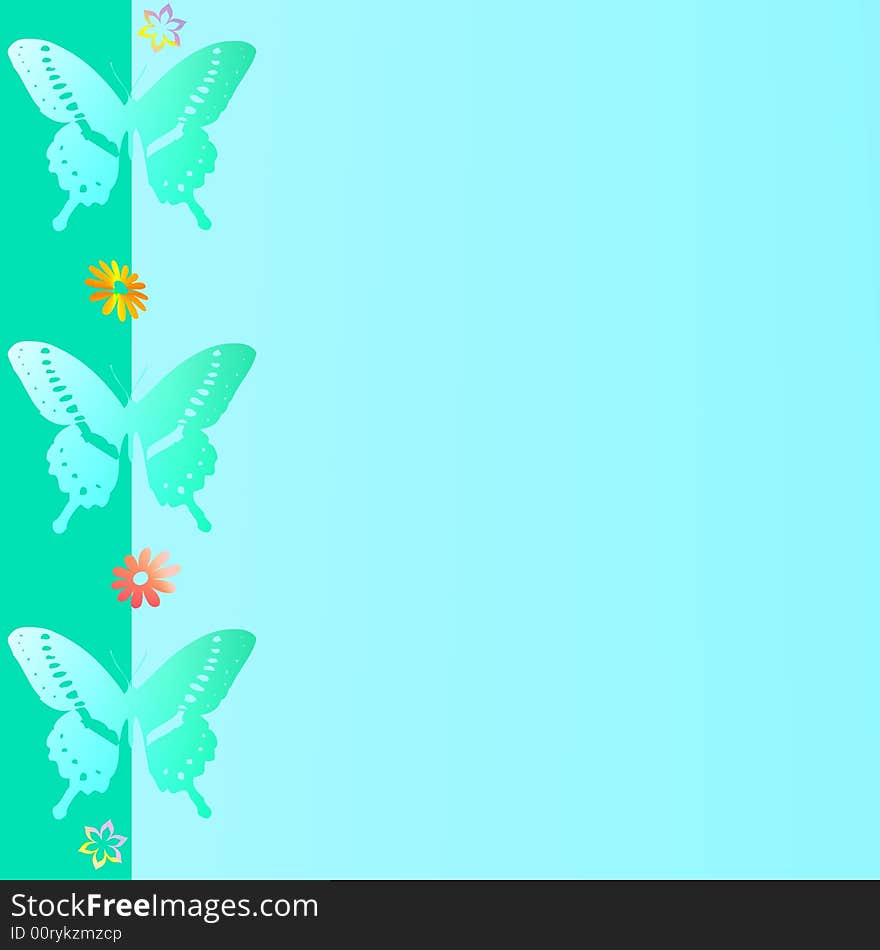 Ornamental butterflies and flowers on a blue and green background. Ornamental butterflies and flowers on a blue and green background.