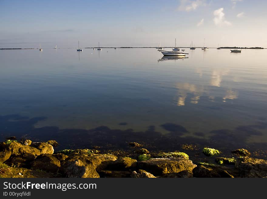 Boats on the Indian River in a light fog