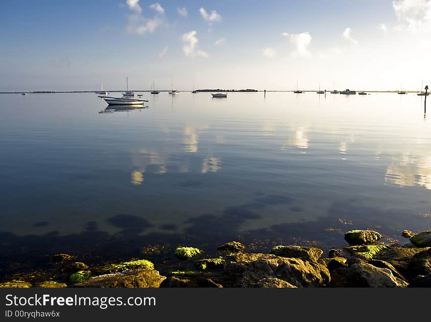 Boats on the Indian River in a light fog