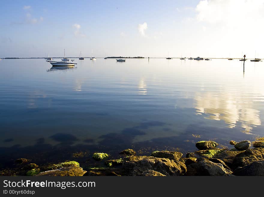 Boats on the Indian River in a light fog