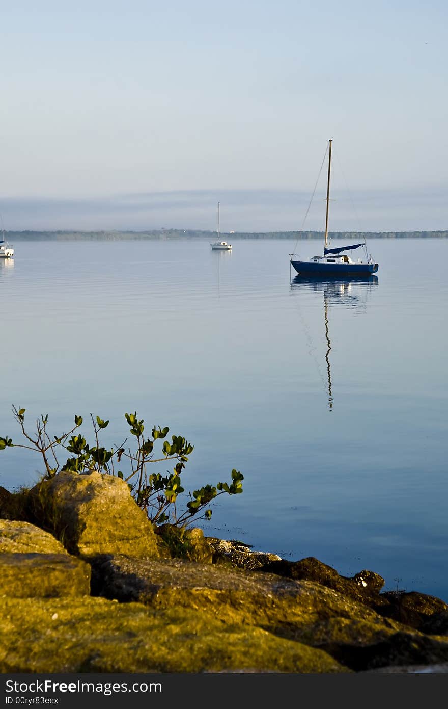 Boats on the Indian River in a light fog