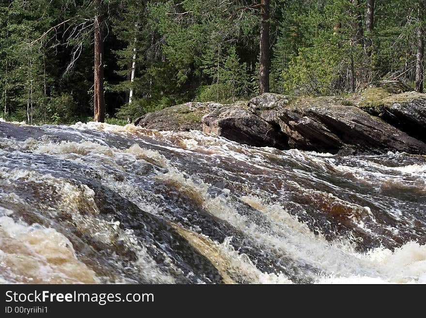 Landscape with rapid, forest and rocks