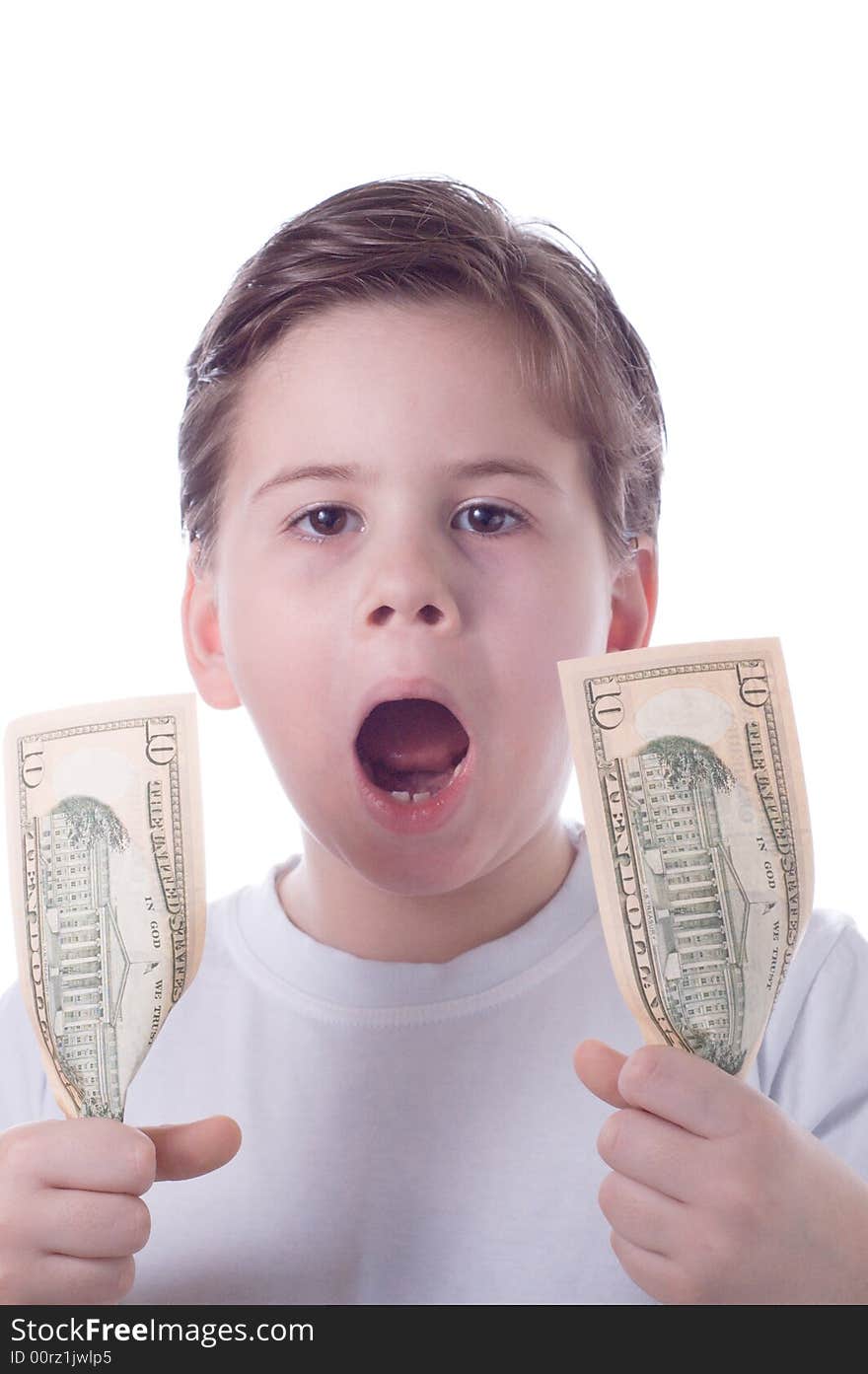 The Little boy holds dollars in hands and shouts