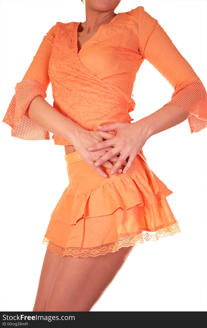 Girl in orange dresses on white