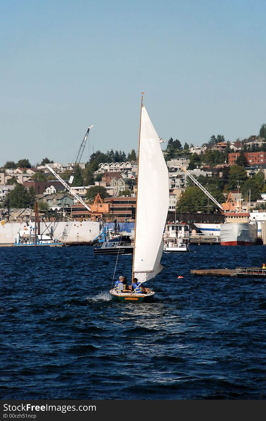 Sailboat on the water backdropped by city dweller homes