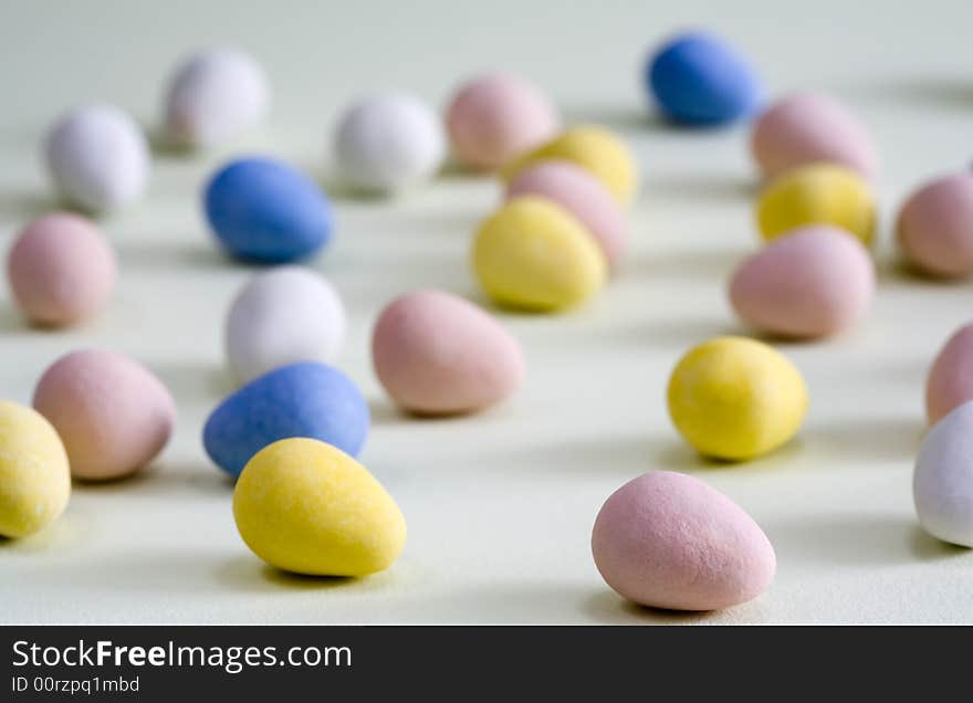 Colorful egg-shaped candies for Easter with selective focus. Colorful egg-shaped candies for Easter with selective focus