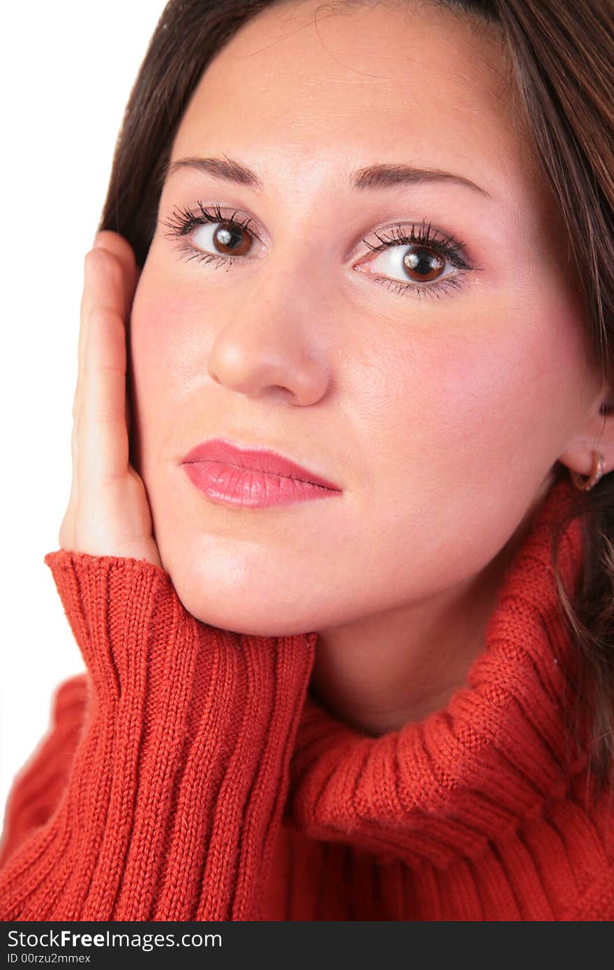 Portrait of girl in red sweater on white