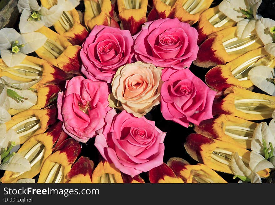 Circular flower arrangement with pink roses