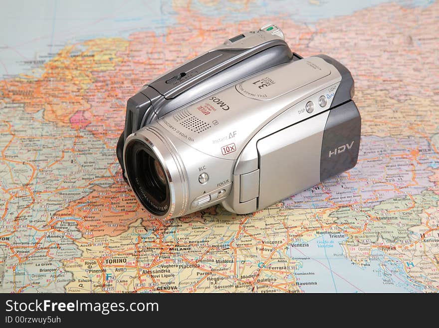 Video camcorder on map of europe