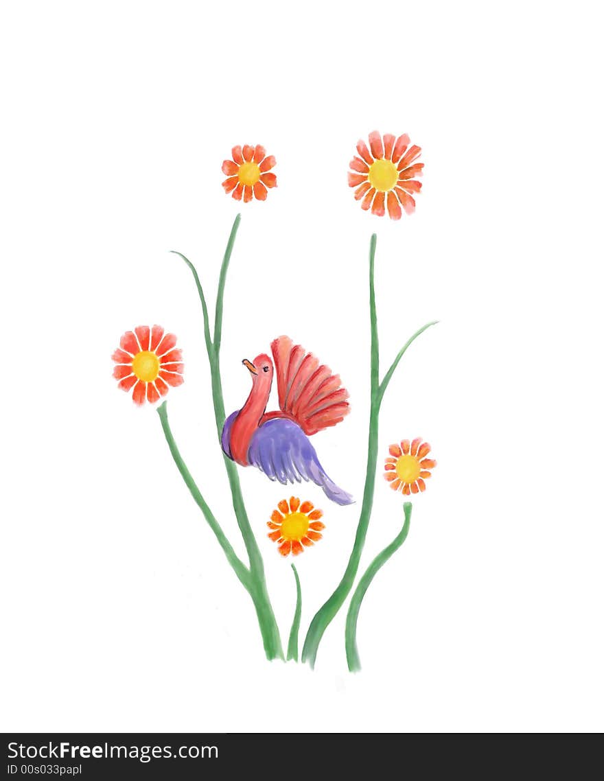 Hand drawn colorful bird in a cluster of wildflowers. Hand drawn colorful bird in a cluster of wildflowers