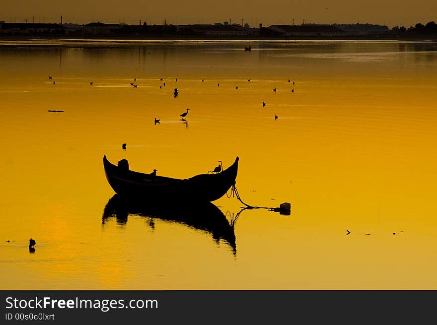 Sunset at the River Tagus Estuary, Portugal, EU. Traditional fishing boat is anchored and wild life birds in the shallows. Sunset at the River Tagus Estuary, Portugal, EU. Traditional fishing boat is anchored and wild life birds in the shallows.