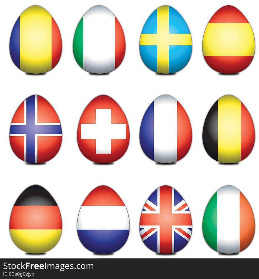 Assorted European flags styled as easter eggs. Assorted European flags styled as easter eggs