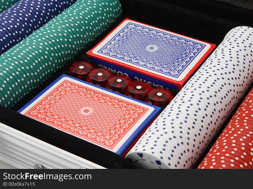 Playing cards dice poker chips all used for gambling. Playing cards dice poker chips all used for gambling