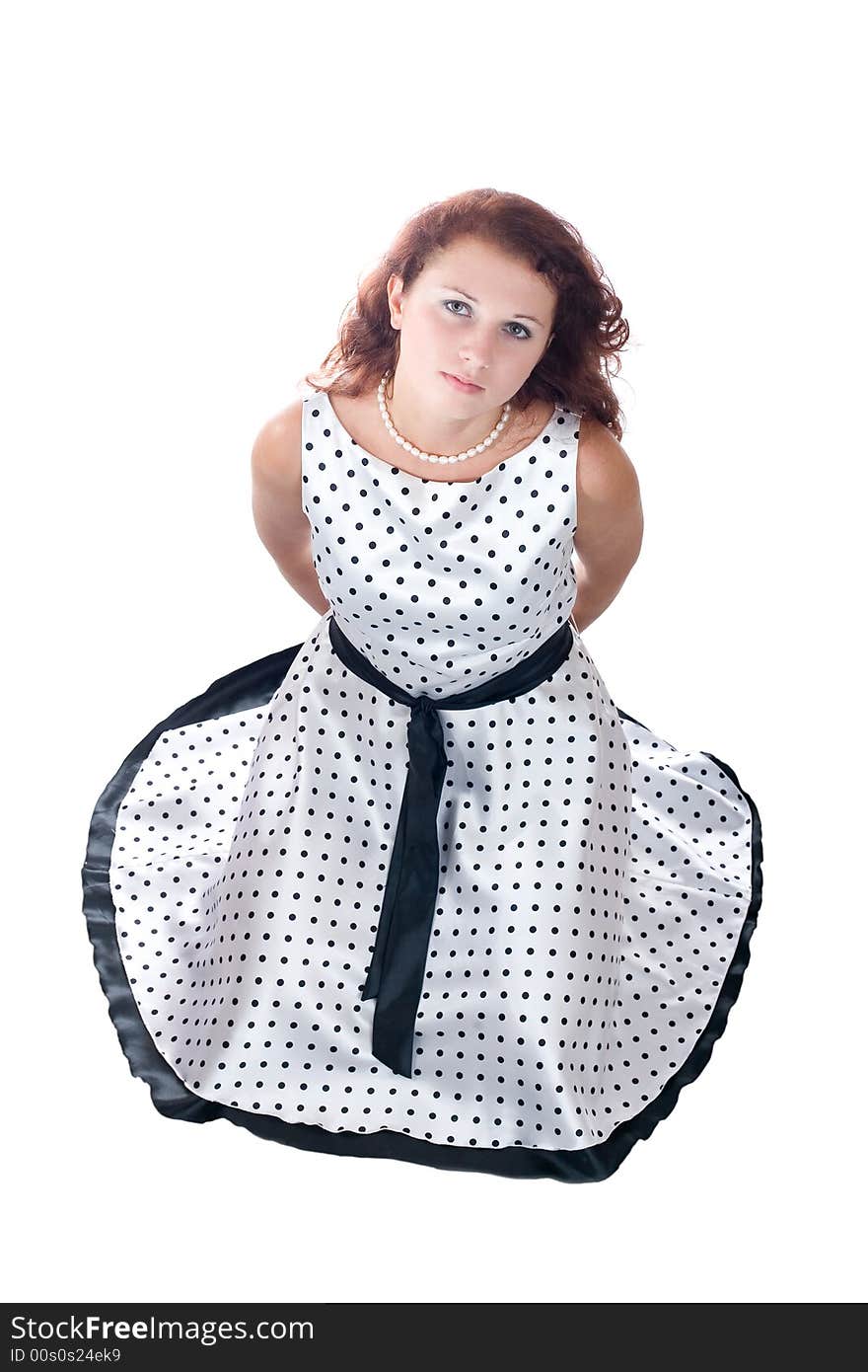 Pretty Brunette Girl In White Dress Look At Camera