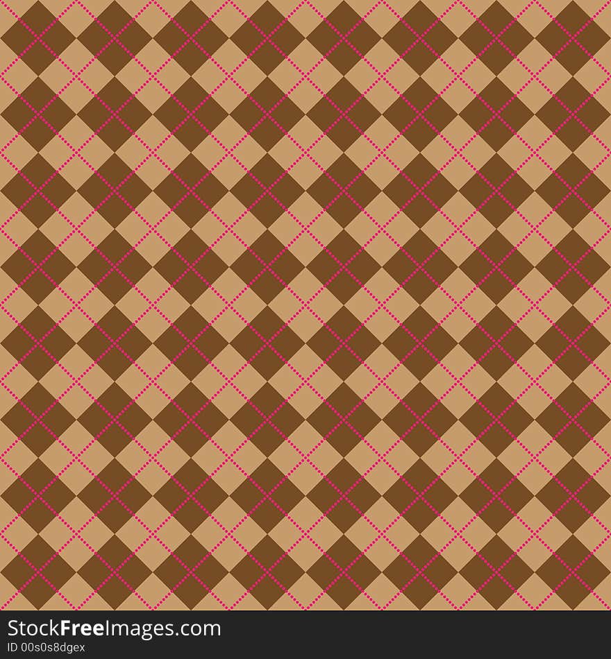 Background illustration of light and dark brown argyle with lines of bright pink dots. Background illustration of light and dark brown argyle with lines of bright pink dots