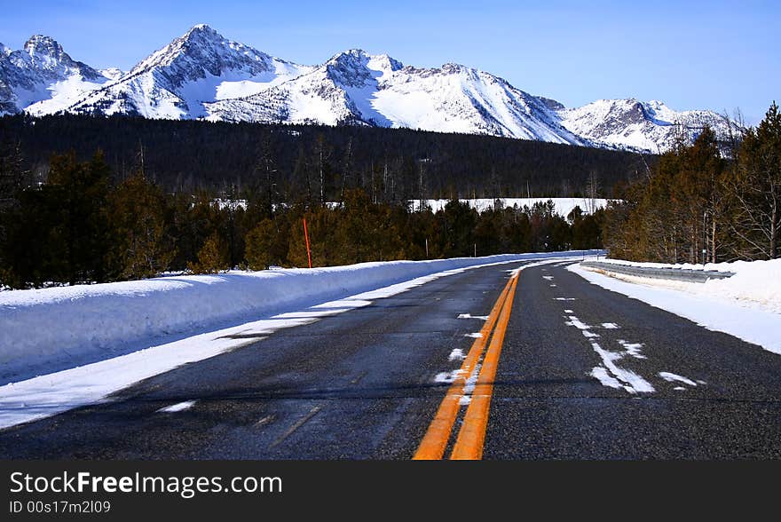 View of the Sawtooth Mountains from Idaho state highway. View of the Sawtooth Mountains from Idaho state highway