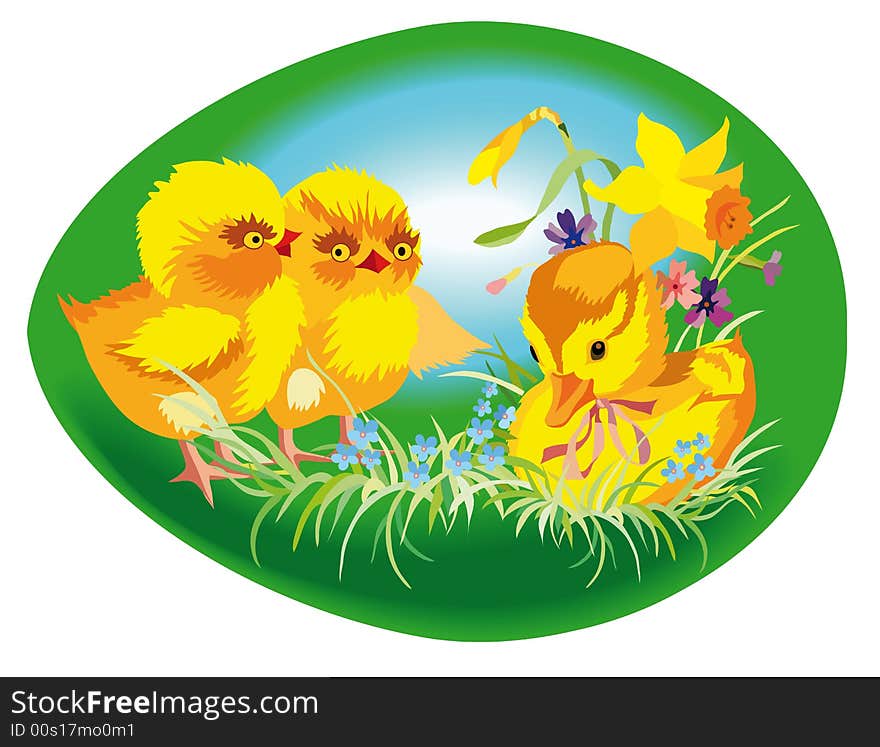 Egg easter with two chickens and small duck. Egg easter with two chickens and small duck