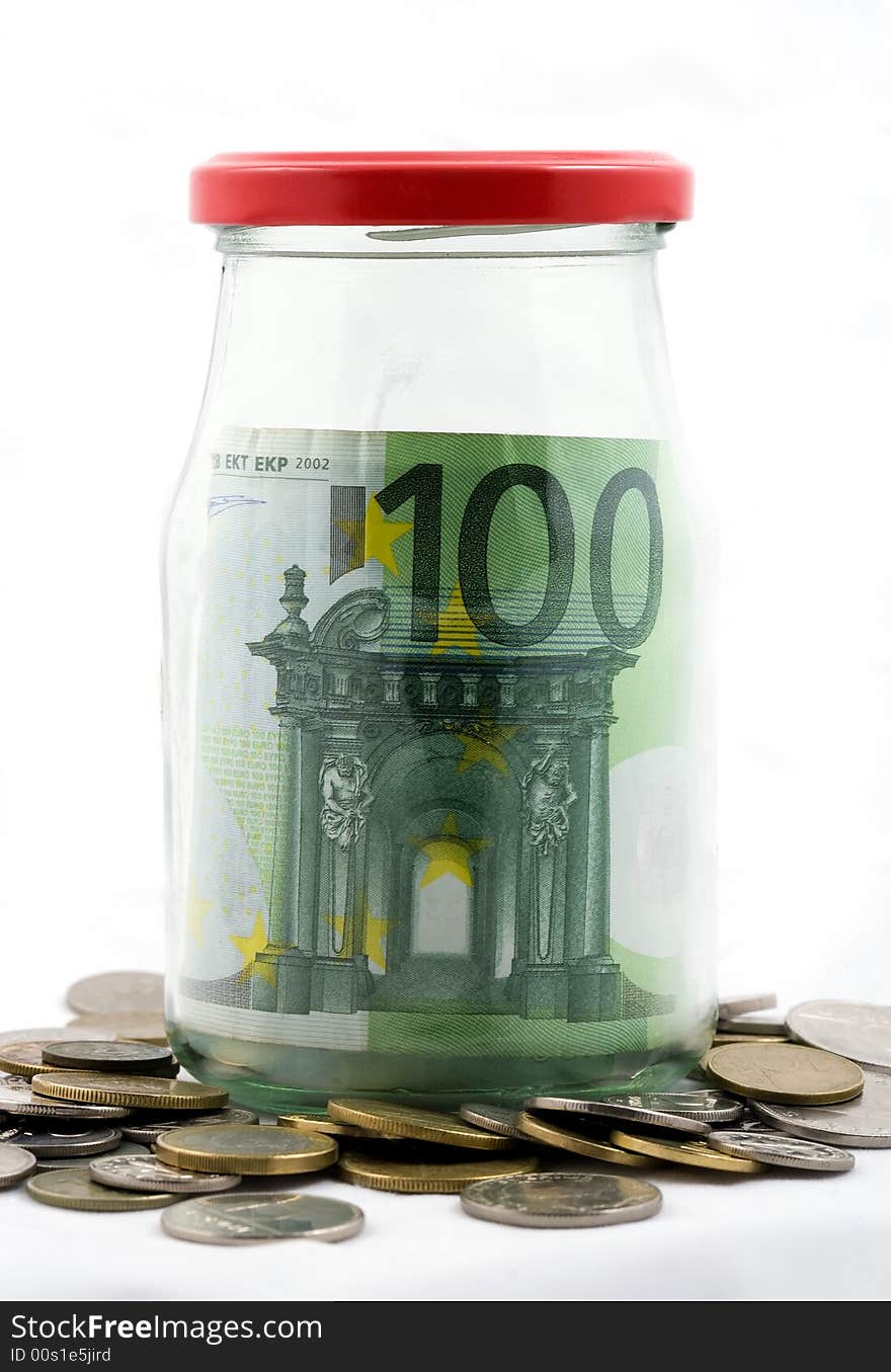 Spare, euro bills in jar. Spare, euro bills in jar