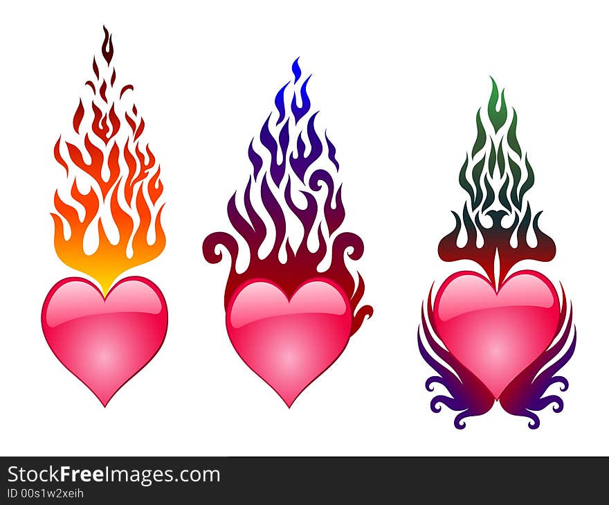 Three hearts is burning red, blue, green flame. Three hearts is burning red, blue, green flame