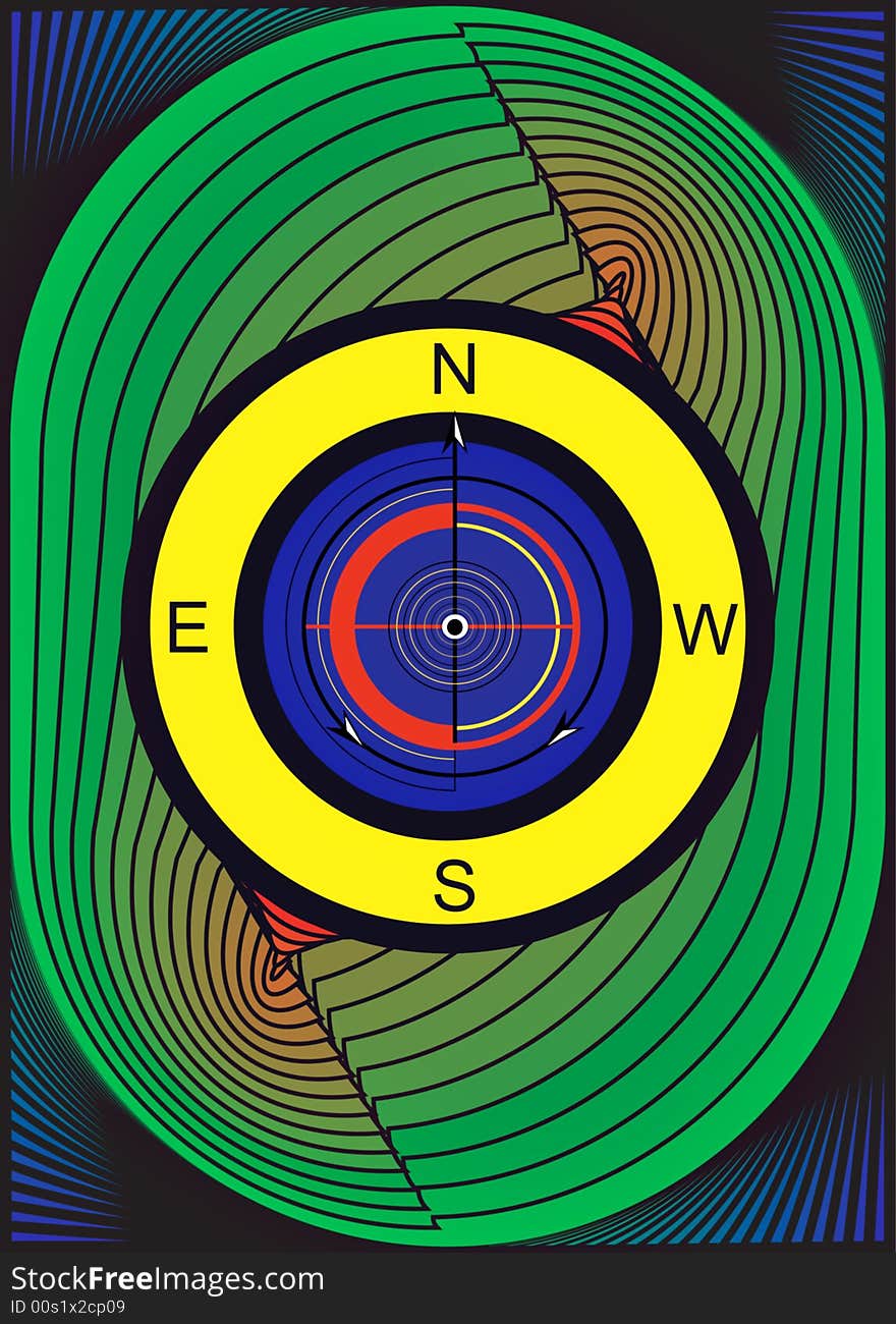 Great creative abstract colored bright yellow green portrayal of a compass with an arrow pointer on the blue background.