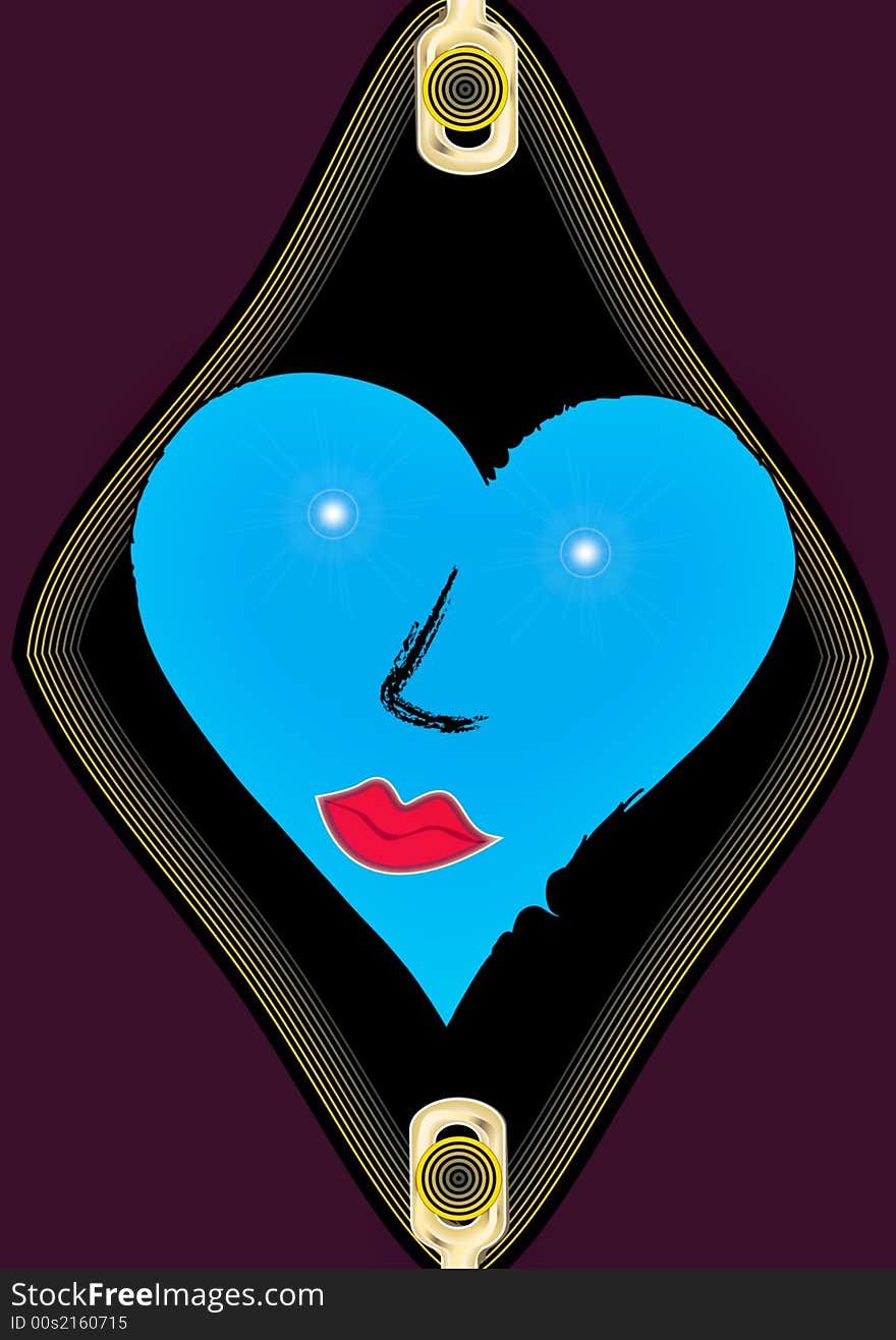 Great creative abstract colored bright blue edged portrayal of female hearts with features of a person in a frame on a background of dark cherry. Great creative abstract colored bright blue edged portrayal of female hearts with features of a person in a frame on a background of dark cherry.